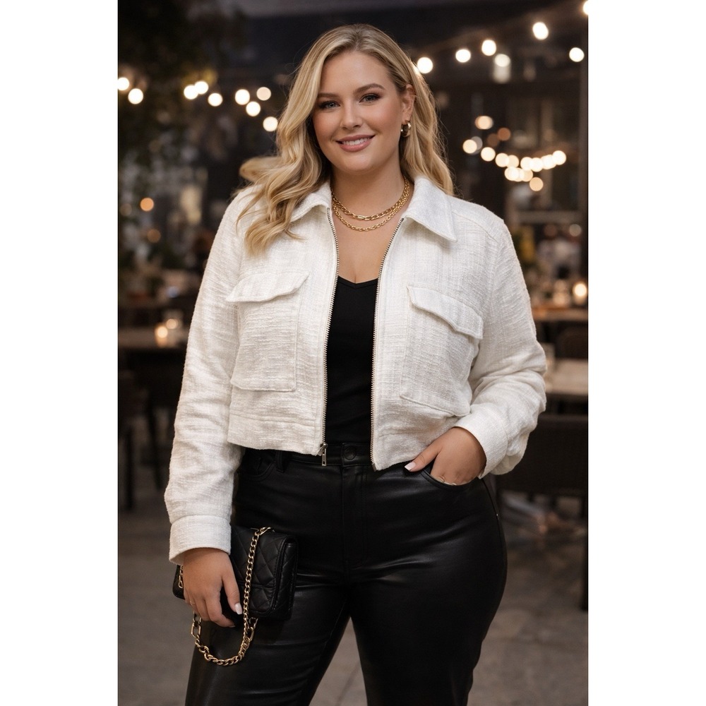 Abercrombie & Fitch Women's XL Ivory‎ Textured Zip Jacket Cropped Utility Coat